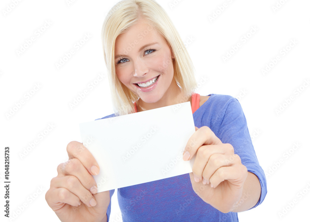 Studio, portrait and woman with blank card, smile and deal promotion info for coupon giveaway. Offer, review and happy face of girl poster mockup, empty sign space or gift voucher on white background Studio, portrait and woman with blank card, smile and deal promotion info for coupon giveaway. Offer, review and happy face of girl poster mockup, empty sign space or gift voucher on white background