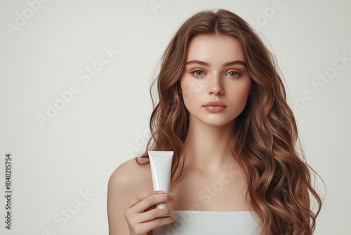 Young Woman With Long Hair Holds Skincare Cream Tube Against a Minimalist Background During a Beauty-Focused Photoshoot