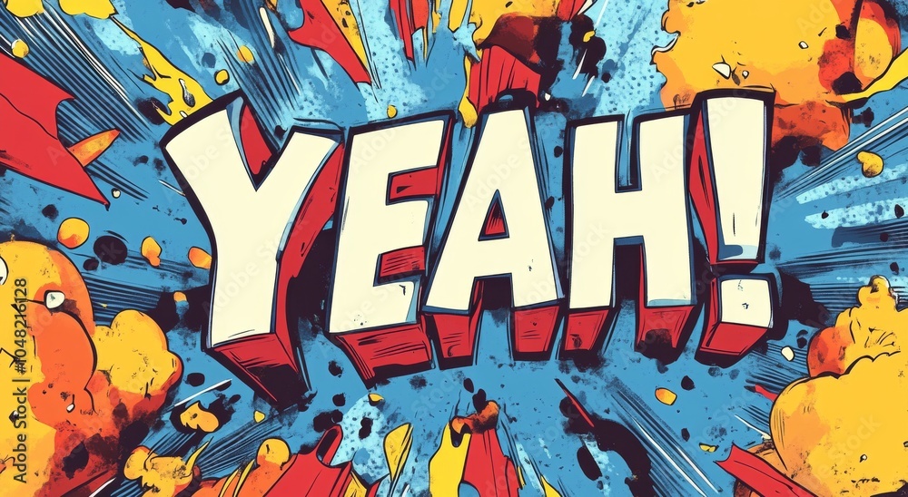 Naklejka premium The word YEAH! on a yellow and red background, in a comic book style.