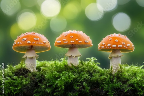 Fly Agaric family on a forest. Fly amanita (Amanita muscaria) red mushrooms closeup in the nature photo