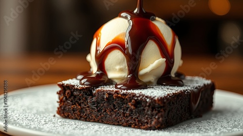 A decadent chocolate brownie topped with a scoop of vanilla ice cream and a generous drizzle of rich chocolate sauce, dusted with powdered sugar, a symphony of textures and flavors.