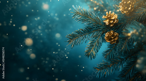 A vibrant Christmas tree adorned with colorful decorations against a rich blue backdrop, featuring a close-up of a lush pine branch. The design incorporates teal and gold colors. photo