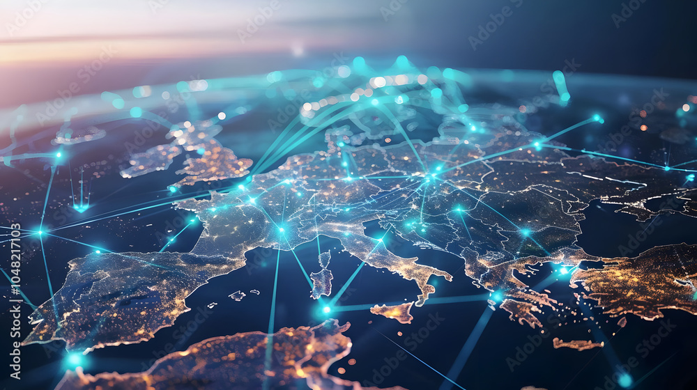 connected network over europe with futuristic tech signals and vibrant colors connected network over europe with futuristic tech signals and vibrant colors