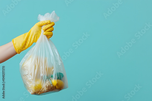 Hand in yellow rubber gloves holds an open plastic bag with food on a pastel blue background, symbolizing waste and cleanliness, with clear copy space for text or logo.

