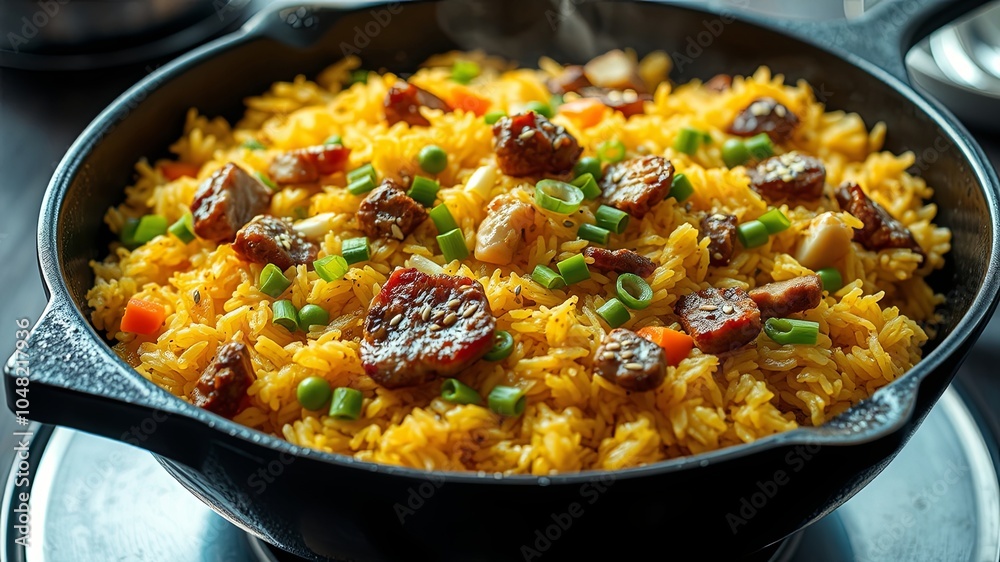 Aromatic Rice Dish with Savory Meat, Vibrant Green Onions, and a Touch of Sesame Seeds Aromatic Rice Dish with Savory Meat, Vibrant Green Onions, and a Touch of Sesame Seeds