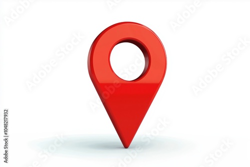 A minimalistic red 3D location pin icon with a circular hole in the middle, set against a white backdrop