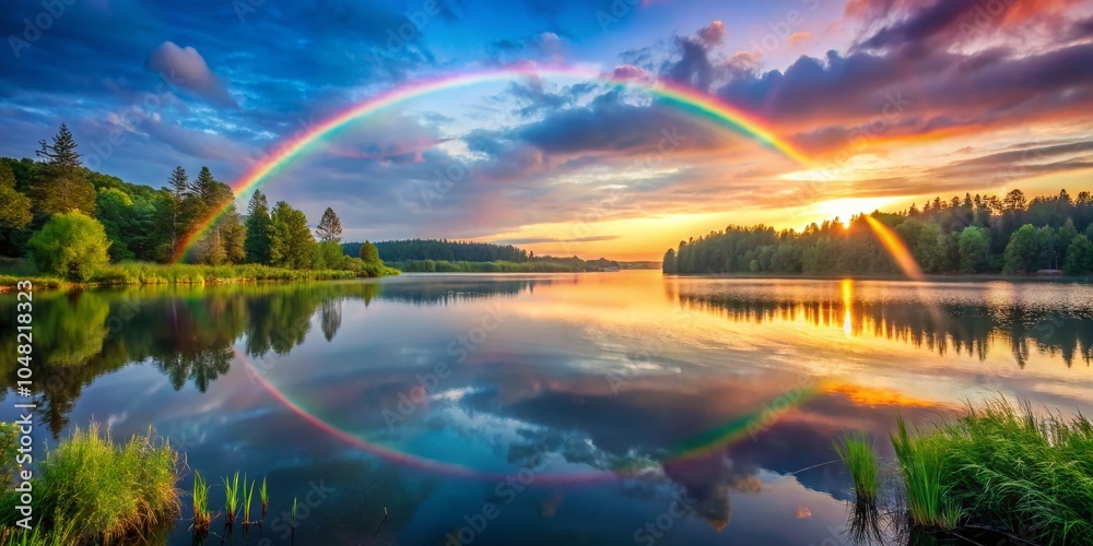 Full Rainbow Arch Over Serene Lake at Sunrise - Reflective Waters and Tranquil Scenery Full Rainbow Arch Over Serene Lake at Sunrise - Reflective Waters and Tranquil Scenery