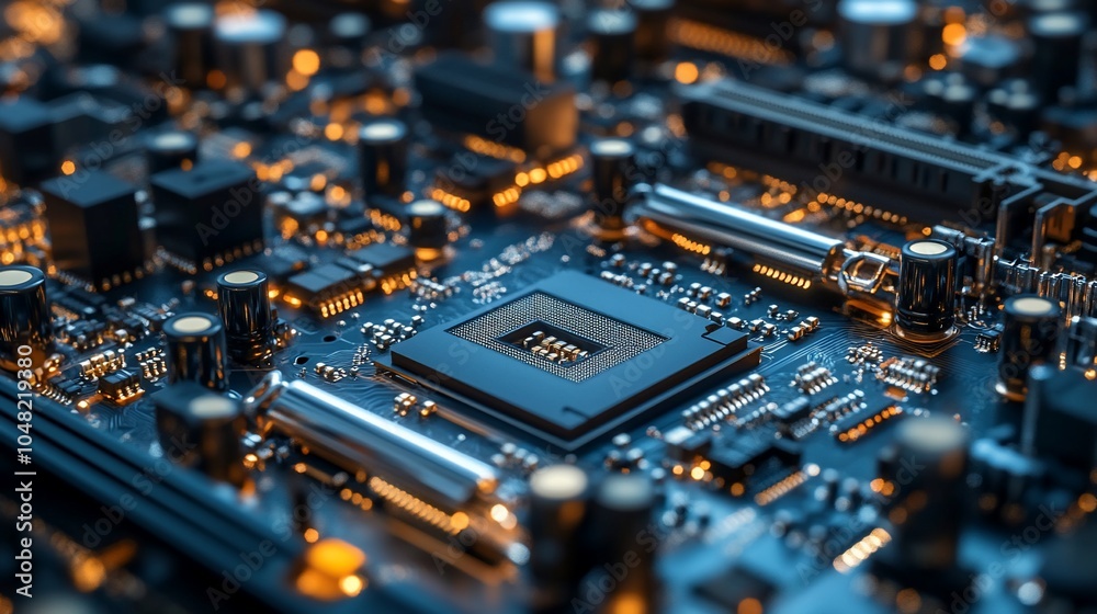 Close-up of a computer motherboard with a central processing unit (CPU) chip. Close-up of a computer motherboard with a central processing unit (CPU) chip.