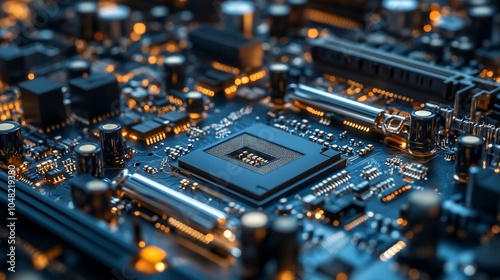 Close-up of a computer motherboard with a central processing unit (CPU) chip.