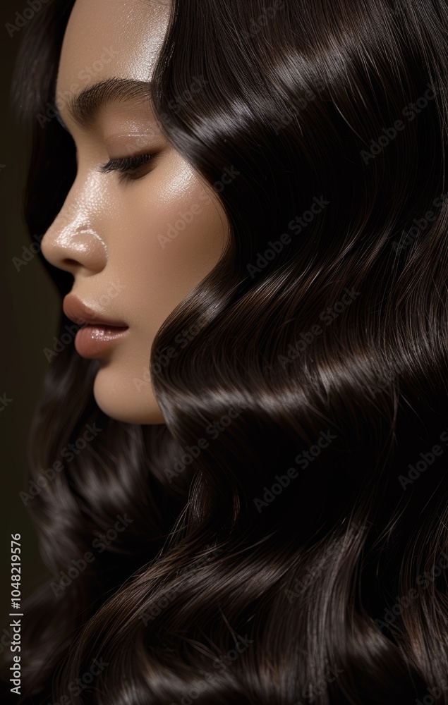 Fototapeta premium Profile of Woman with Glossy Dark Waves