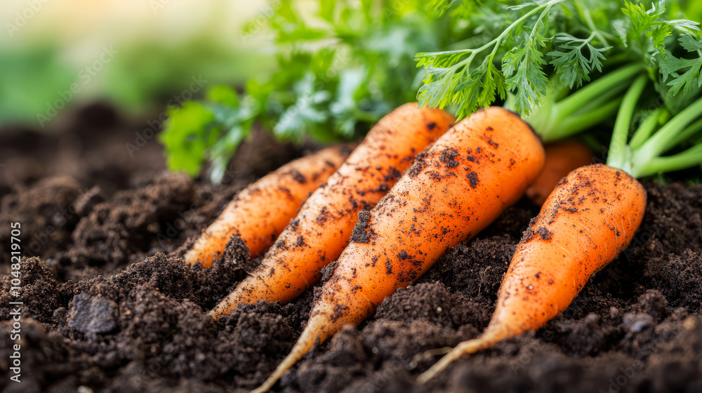 Freshly Dug Carrots with Soil and Green Leaves Freshly Dug Carrots with Soil and Green Leaves