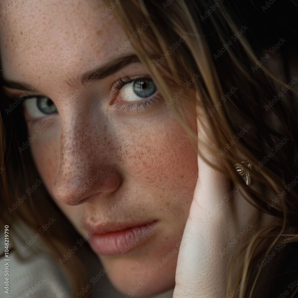 Close-up Portrait of a Young Woman with Freckles and Striking Blue Eyes, Capturing Natural Beauty and Introspection in Soft Lighting Close-up Portrait of a Young Woman with Freckles and Striking Blue Eyes, Capturing Natural Beauty and Introspection in Soft Lighting