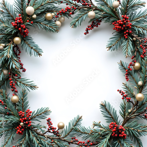 Elegant christmas wreath with pine branches and red berries on white background