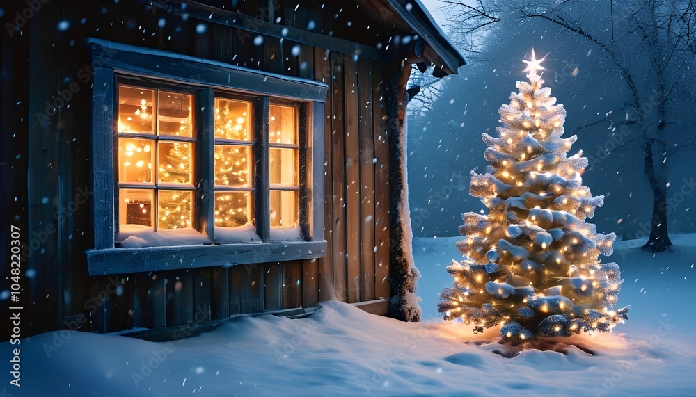 A cozy winter scene a beautifully decorated christmas tree glowing with lights beside a snow-covered cabin on a peaceful evening capturing the spirit of the holidays in a serene setting A cozy winter scene a beautifully decorated christmas tree glowing with lights beside a snow-covered cabin on a peaceful evening capturing the spirit of the holidays in a serene setting