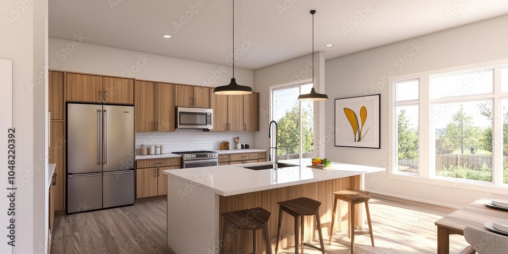 A modern kitchen featuring wood cabinetry, a large island with seating, stainless steel appliances, and natural light from large windows. A modern kitchen featuring wood cabinetry, a large island with seating, stainless steel appliances, and natural light from large windows.