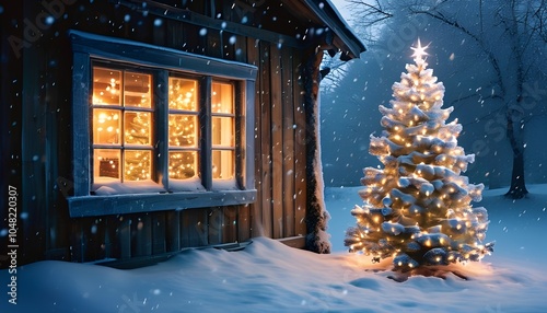 A cozy winter scene a beautifully decorated christmas tree glowing with lights beside a snow-covered cabin on a peaceful evening capturing the spirit of the holidays in a serene setting