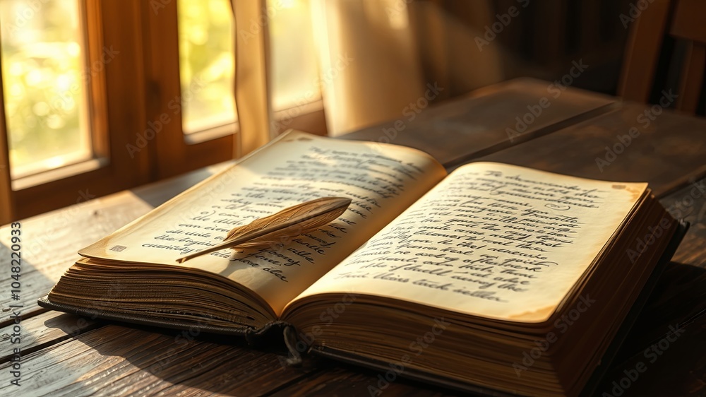 Fototapeta premium A well-worn book, its pages filled with handwritten script, rests open upon a wooden surface, bathed in warm sunlight, a single feather resting upon the parchment, ready to continue the tale