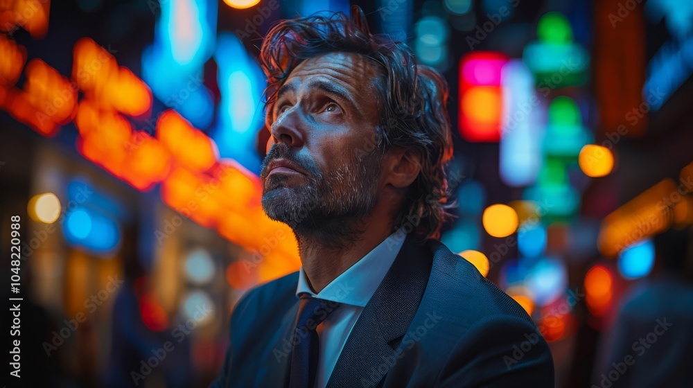 Fototapeta premium Urban Nocturne: A pensive businessman gazes upwards, lost in thought amidst the vibrant glow of a city's neon lights. The image evokes a sense of ambition, contemplation.