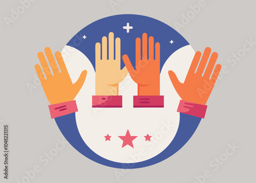 A symbolic logo featuring hands of different colors reaching upwards, representing unity, diversity, and inclusivity.