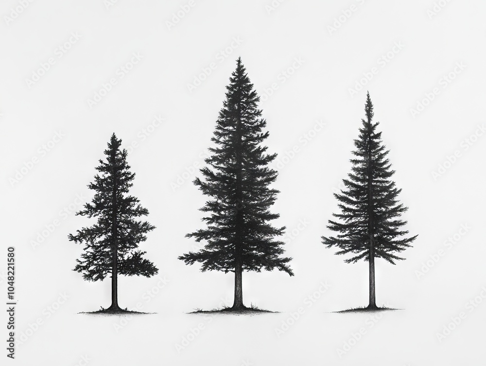 Fototapeta premium A black and white drawing of three trees in the snow