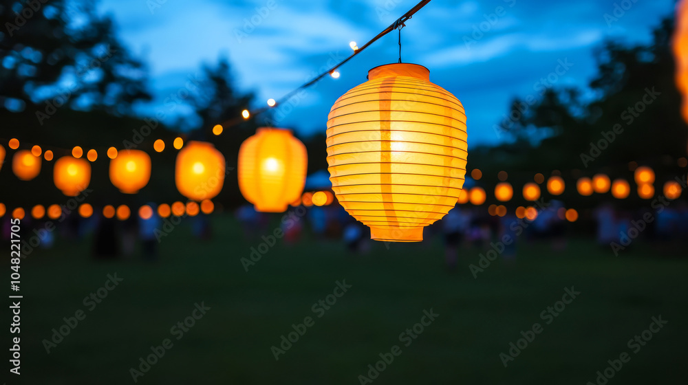 Obraz premium Glowing Lanterns Hanging from Trees at Dusk
