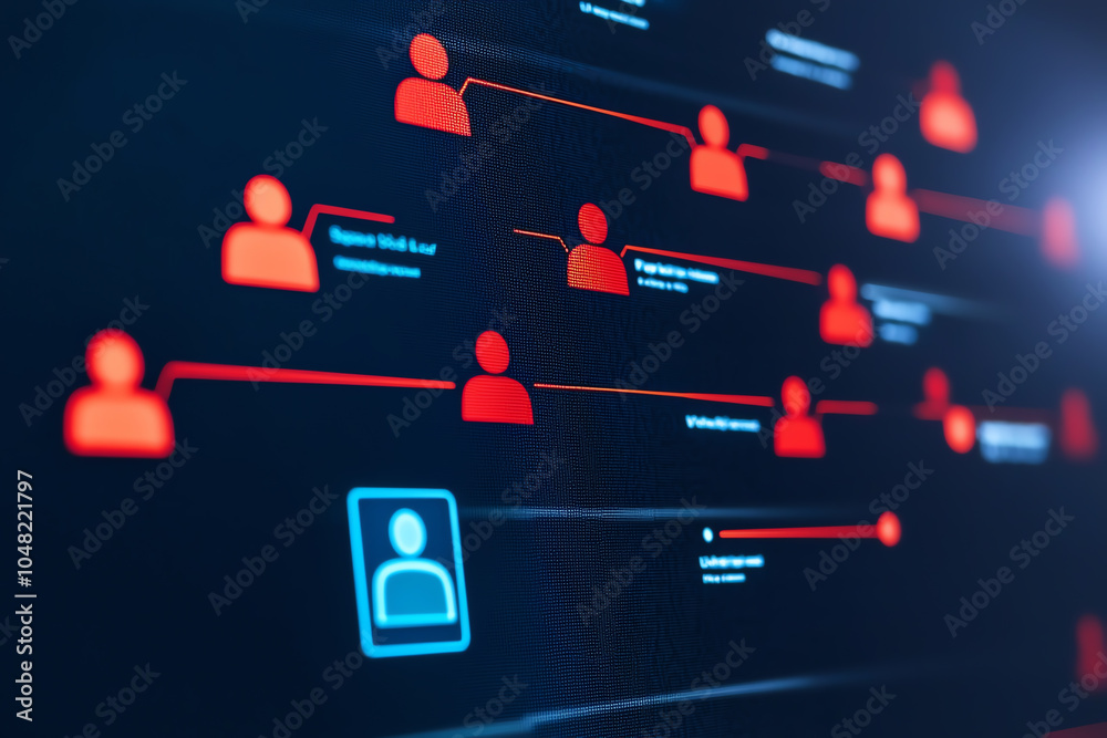Flowchart of interconnected employee profiles on a digital screen, symbolizing HR network and management, modern style Flowchart of interconnected employee profiles on a digital screen, symbolizing HR network and management, modern style