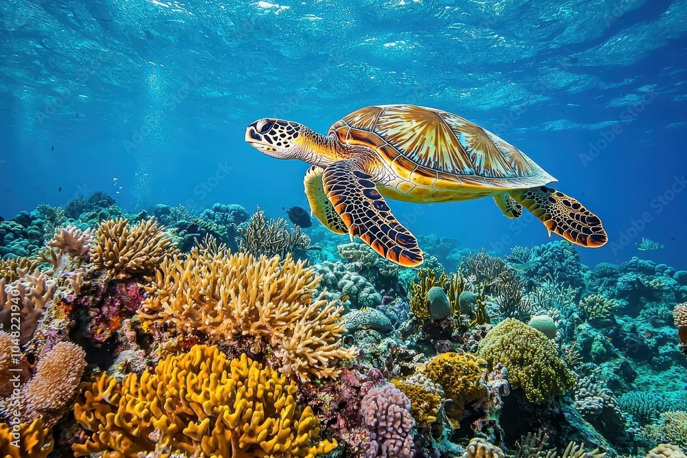Fototapeta premium Graceful Sea Turtle Gliding Over Colorful Coral Reef