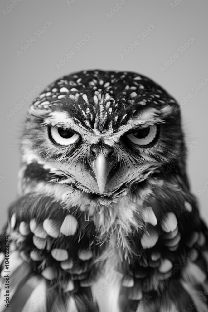 Obraz premium Intense Black and White Portrait of a Fiercely Staring Owl, Exuding Wisdom and Attitude with Detailed Feathers and Striking Eyes