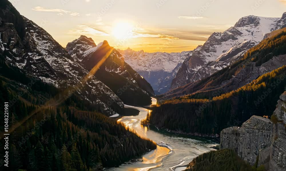 dramatic descent into the swiss alps and river at sunset