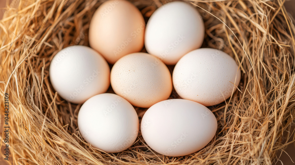 Fresh White Chicken Eggs in Nest of Straw Fresh White Chicken Eggs in Nest of Straw