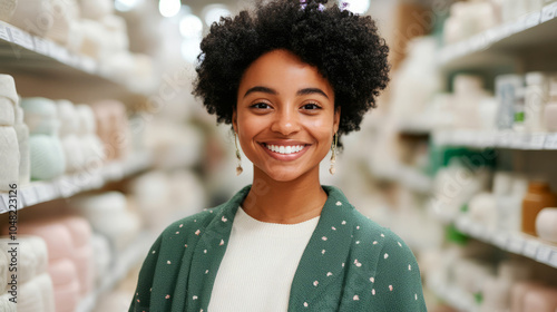 Woman Smiling While Shopping for Eco-Friendly Products