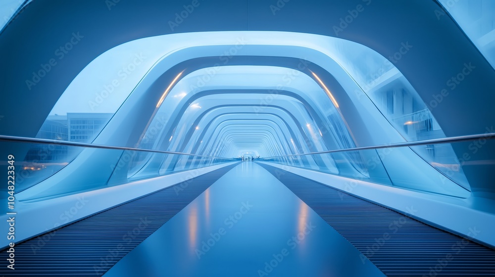 Obraz premium A futuristic architecture with blue color, floating bridge and white steel structure. The interior is illuminated in the style of the warm light of sunset