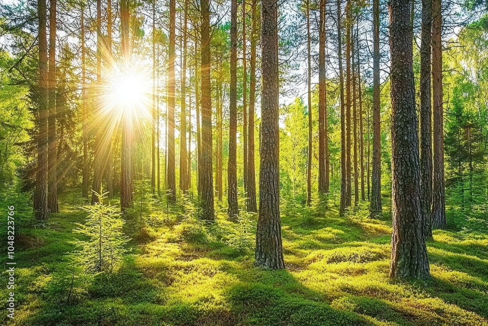 Obraz premium Sunlight Streaming Through a Lush Green Forest