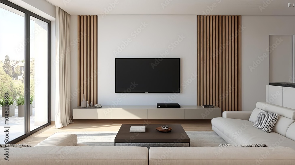 Elegant modern living space with neutral tones, a flatscreen TV, and minimalistic furniture Contemporary decor, Functional simplicity Elegant modern living space with neutral tones, a flatscreen TV, and minimalistic furniture Contemporary decor, Functional simplicity