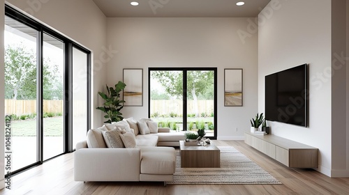 Contemporary living room featuring neutralcolored furniture, sleek design, and ample natural light Modern home, Functional aesthetic