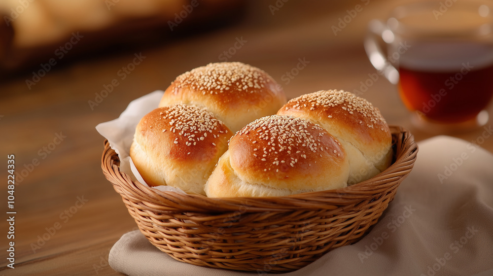 Freshly baked sesame rolls in woven basket, perfect for breakfast or snack, served with cup of tea. warm, golden brown texture invites delightful taste experience. Freshly baked sesame rolls in woven basket, perfect for breakfast or snack, served with cup of tea. warm, golden brown texture invites delightful taste experience.