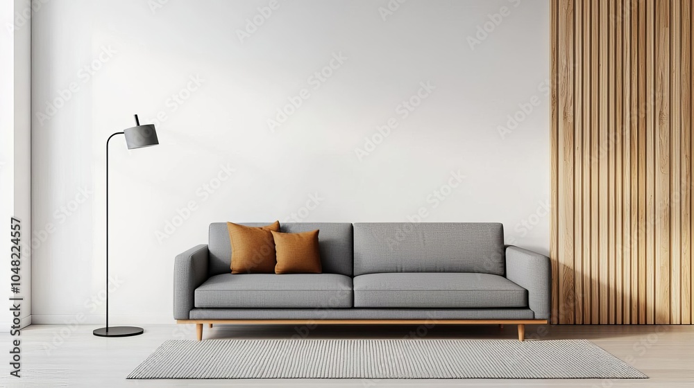 Stylish minimalist space with gray couch, modern floor lamp, and white walls, natural wood elements Minimal design, Soft modernism Stylish minimalist space with gray couch, modern floor lamp, and white walls, natural wood elements Minimal design, Soft modernism
