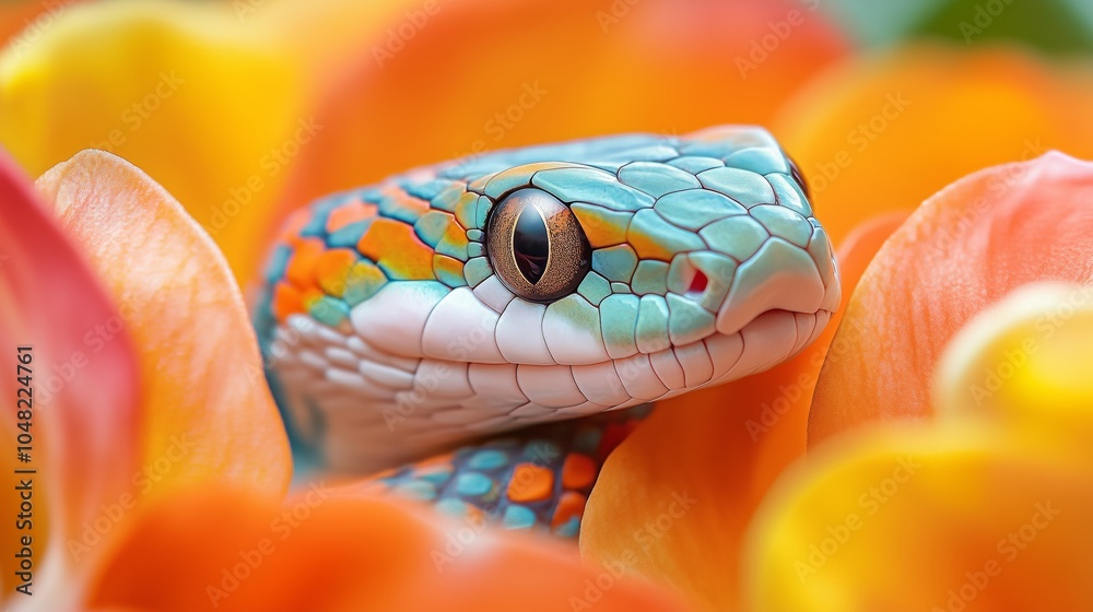 Fototapeta premium Close-up of a colorful snake among flowers