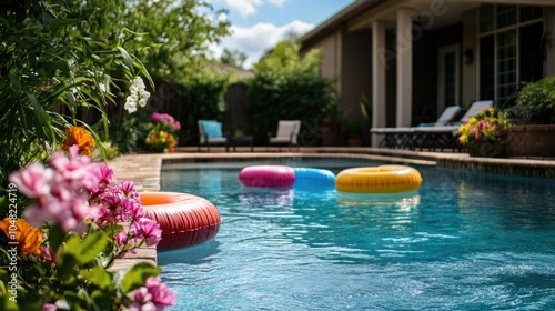 A cozy backyard pool area with loungers, colorful pool floats, and blooming flowers around a clear, inviting pool on a sunny day.