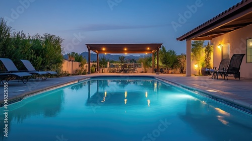 Backyard swimming pool with lounge chairs, a stylish pergola, and evening lighting, setting up a perfect spot for relaxation.