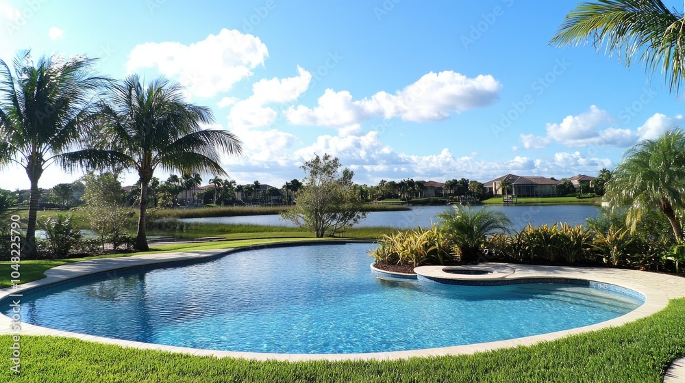 Calm backyard pool surrounded by palm trees and grass, with a bright blue sky above, perfect for a summer relaxation. Calm backyard pool surrounded by palm trees and grass, with a bright blue sky above, perfect for a summer relaxation.