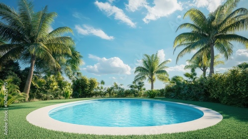 Calm backyard pool surrounded by palm trees and grass, with a bright blue sky above, perfect for a summer relaxation.