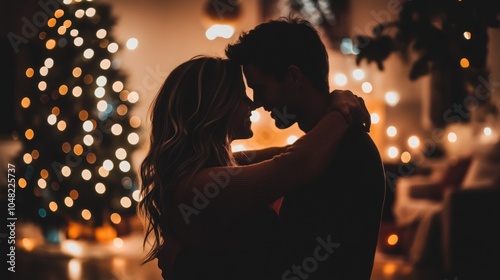 Romantic couple silhouetted against a Christmas tree with lights.