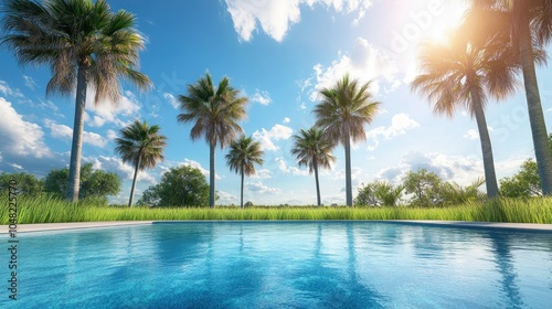 Calm backyard pool surrounded by palm trees and grass, with a bright blue sky above, perfect for a summer relaxation.