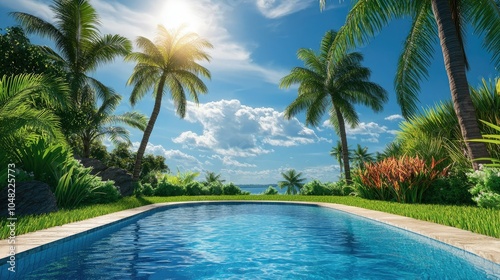 Calm backyard pool surrounded by palm trees and grass, with a bright blue sky above, perfect for a summer relaxation.