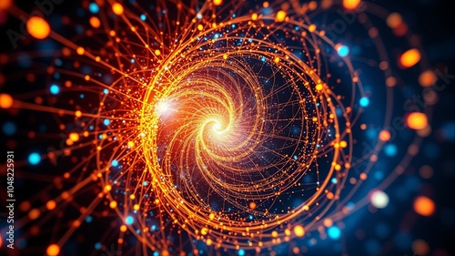 A mesmerizing swirl of interconnected particles, forming a vibrant spiral of light and energy, pulsating with a captivating rhythm of color and motion.