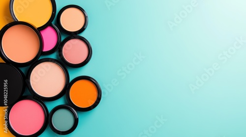 Compact powder and blush swatches on a warm pastel surface