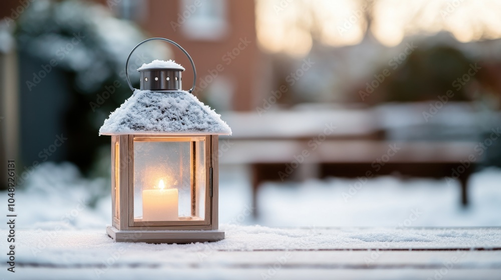 A cozy lantern illuminated by a candle sits on a snowy surface, creating a warm and inviting atmosphere in a winter setting. A cozy lantern illuminated by a candle sits on a snowy surface, creating a warm and inviting atmosphere in a winter setting.