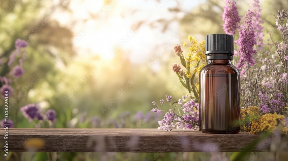 Essential oils and dried flowers on a wooden table, holistic healing setup, 3D illustration Essential oils and dried flowers on a wooden table, holistic healing setup, 3D illustration