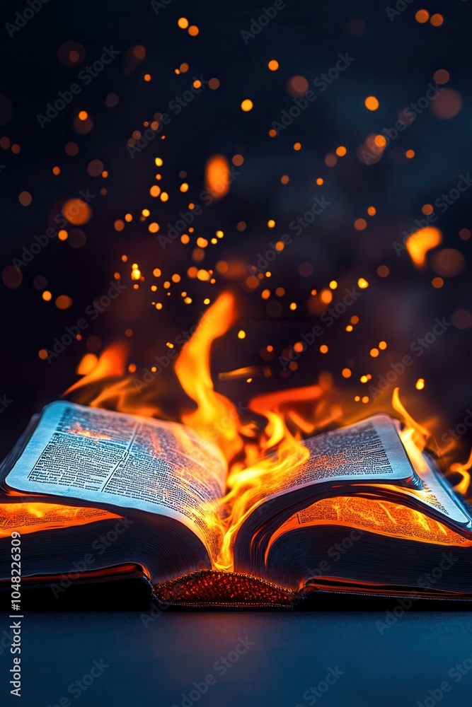 Obraz premium An open book engulfed in flames with sparks, symbolizing knowledge and transformation.